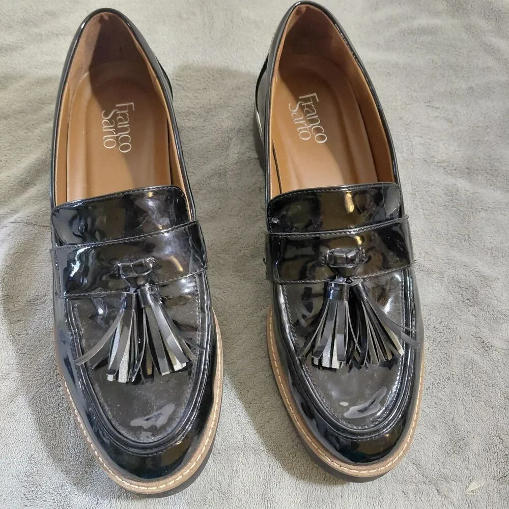 Franco Sarto Carolynn Tassel Loafers Womens 10M Patent Black Almond Toe Slip On